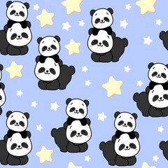 Cute cartoon panda and stars. Vector illustration print for children t-shirt in kawaii style seamless pattern