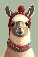 Cute Christmas Lama Portrait. Generative AI