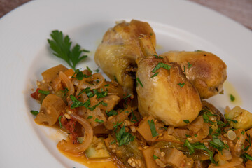 Delicious chicken with oven-roasted ratatouille vegetables. High quality photo