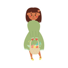 Cute little girl in a green dress with a basket of Easter eggs isolated on a white background.Flat illustration of a child hunting for eggs.