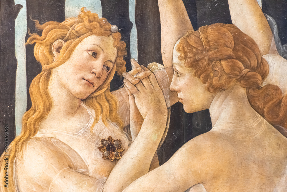 Wall mural close-up on medieval fresco showing two blond girls holding hands