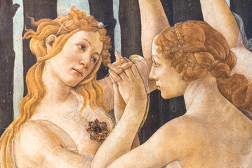 Close-up on medieval fresco showing two blond girls holding hands - obrazy, fototapety, plakaty