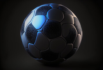 Fototapeta na wymiar Illustration of a blue lit, black and white soccer ball on a black backdrop. excellent quality. Generative AI