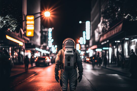 Astronaut standing at the city street in the night. Blurred motion around, long exposure style. Generative art
