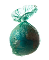 Earth globe in plastic bag. Climate change, enviromental pollution concept.