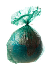 Earth globe in plastic bag. Climate change, enviromental pollution concept.