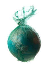 Earth globe in plastic bag. Climate change, enviromental pollution concept.