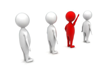 3d red coloured man raising hands up in a que concept