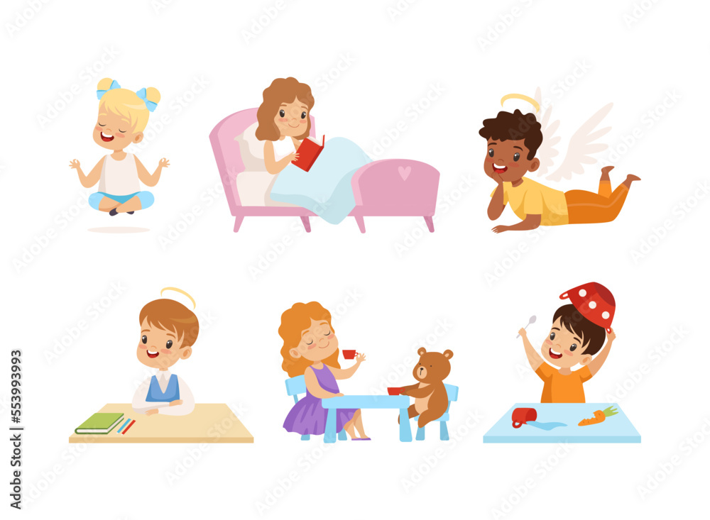 Wall mural Naughty and Obedient Little Kids Doing Mischief and with Good Upbringing Vector Set