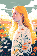 Blonde Girl in Flower Field Art Print. Generative AI