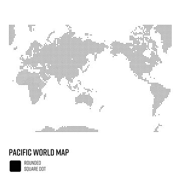世界地図ドット粗め 太平洋を中心とした世界 地域別にグループ