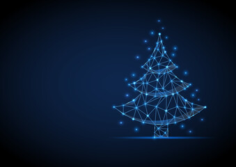 Christmas tree wireframe new year degital banner date vector sign. Xmas blue polygon tree with light and sparcles. Dot and line triangle blue futuristic polygonal  design.