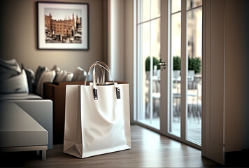 Mock up of a shopping bag in a contemporary apartment. Generative AI