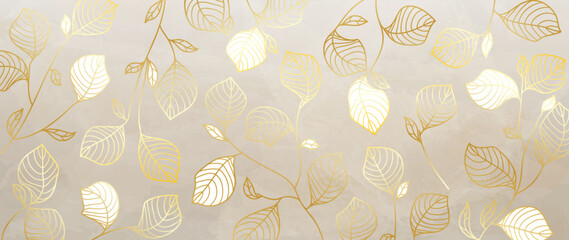 Luxurious art botanical background with branches and leaves in gold color and marble texture. For wall decoration or wedding. Hand drawn graphic, elegant leaves for fabric, invitation, decor.