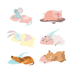 Cute Sleeping Animals Lying on Pillow Having Bedtime Rest Vector Set