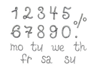Numbers from 0 to 9 and percent sign, days of the week, silver plasticine clay on white background, cute dough shape