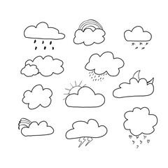 black Cloud icon set doodle. Vector flat design. Collection of cloud for use in as logo or weather icon.