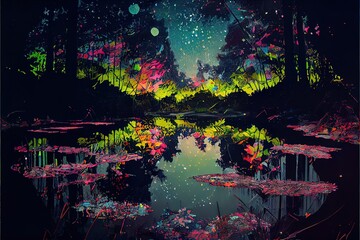 abstract hiroshi yoshida, stars in a pond, intimating colors, high contrast, pastels, Dustin Yellin, sharp lines, photorealistic, glowing highlights, Asher Brown Durand, 2D, intimating colors, high co