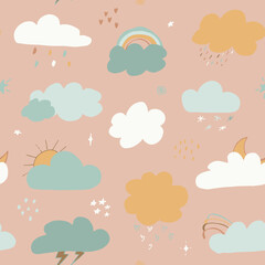 multicolored clouds stars sequins seamless pattern. Cute clouds seamless pattern, cartoon background with star dots, vector illustration