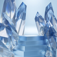 Luxury podium display with crystal for cosmetic product presentation, pedestal or platform background, 3d illustration