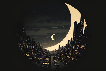 Illustration of a cityscape in the dark with a text area and a crescent moon. Generative AI
