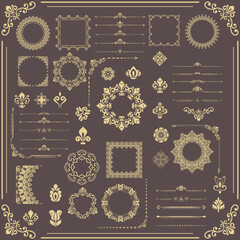 Vintage set of horizontal, square and round elements. Golden elements for backgrounds, frames and monograms. Classic patterns. Set of golden patterns