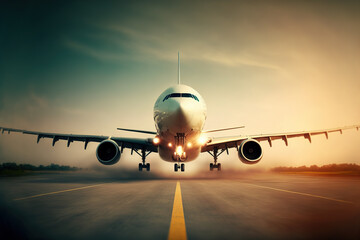 Fototapeta na wymiar Front view of passenger Airplane taking off on runway, Generative AI illustration