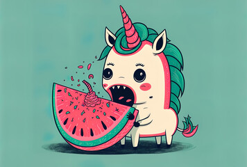 Cartoon of a cute unicorn eating watermelon. Generative AI