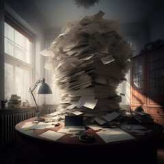 Huge stack of paperwork on desk - obrazy, fototapety, plakaty