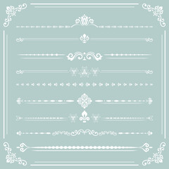 Vintage set of decorative elements. Horizontal separators in the frame. Collection of white different ornaments. Classic patterns. Set of vintage patterns