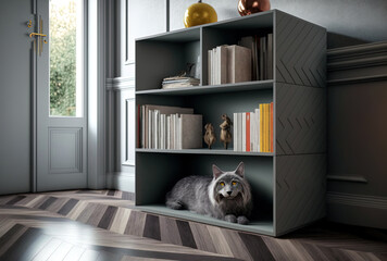 With many books and accessories, a contemporary bookshelf is mounted on a grey chest of drawers. in open areas with herringbone hardwood parquet cat. Generative AI