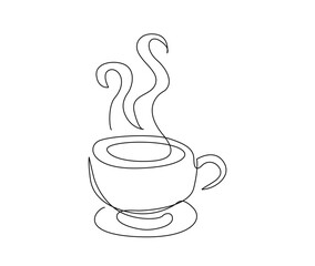 Continuous one line drawing a cup of coffee. A Cup of coffee with steam single line art vector design. Food ad Beverage concept.