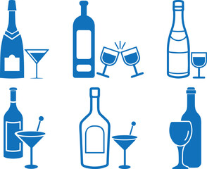 Alcohol icon set, wine bottle icon set blue vector
