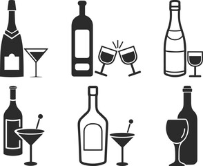 Alcohol icon set, wine bottle icon set black vector