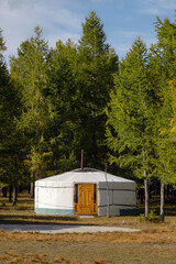 Yurt camp on a beautiful sunny day in Mongolia. Ger campsite in rural country, nature in the background.