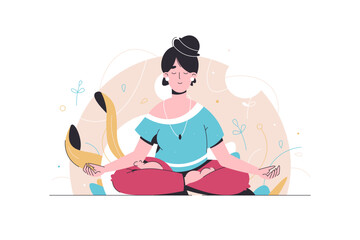 Woman with closed eyes meditating in yoga posture vector illustration. Female performing meditation practice flat style concept. Zen. Business relax.