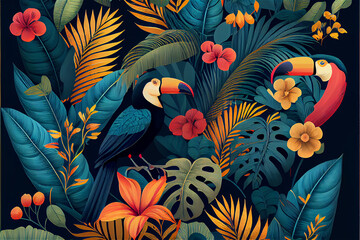 tropical pattern with jungle vegetation and exotic fauna in bright colors - obrazy, fototapety, plakaty