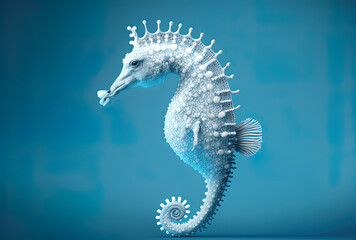Illustration of a white seahorse on a blue backdrop. Generative AI - obrazy, fototapety, plakaty