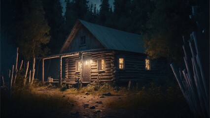 Fototapeta na wymiar Night Cabin In The Forest Wallpaper, Landscape, 4k Scenery