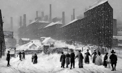 Generative A.I. Winter Snow Scene, with Mill workers and Victorian Buildings, created from a Photo in my portfolio