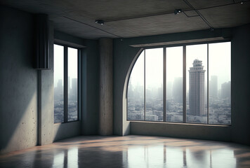 empty room in the loft style, with a concrete floor and a city view. Generative AI