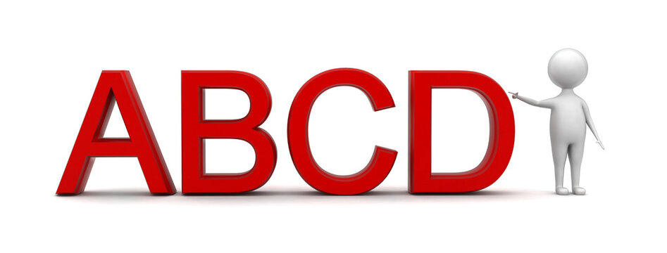 3d man pointing his hands towards abcd text concept