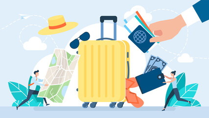 Suitcase with packed clothes for travel. Passport, clothing, sunglasses, tickets, flip-flops, map, money and accessories. Packing luggage for travel. Many things. Flat cartoon illustration