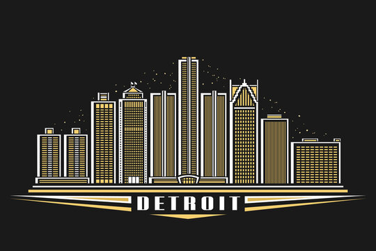 Vector illustration of Detroit, dark horizontal poster with linear design famous detroit city scape on dusk sky background, american urban line art concept with decorative lettering for text detroit