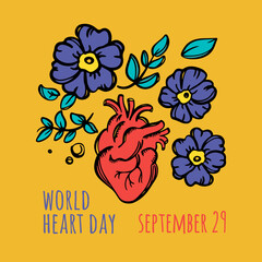 WORLD HEART DAY Medicine Careful Human Health Holiday Poster Heart In Flowers With Leaves And Text On Orange Background Vector Illustration 21 September