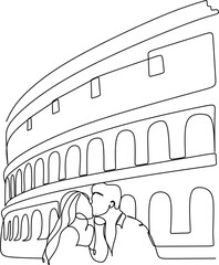 Couple in love near the Roman Colosseum line drawing.