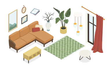 Living room furniture - modern vector colorful isometric illustrations set