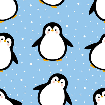 Seamless pattern with cute cartoon penguin and snow falling. Endless blue background.