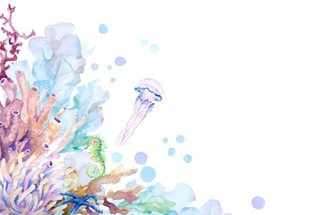 Corner frame. Coral reef. Exotic tropical underwater life composition of colorful seaweeds, corals, jellyfish, seahorse, starfish isolated on white background. Copy space. Hand drawn watercolor.