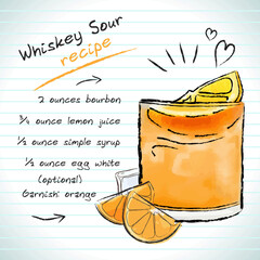Whiskey Sour cocktail, vector sketch hand drawn illustration, fresh summer alcoholic drink with recipe and fruits	
